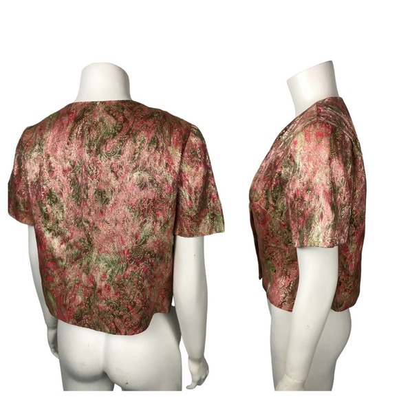 1950s Pink Metallic Paisley Print Button Up Crop Top Blouse / Women's Medium - Picture 5 of 6
